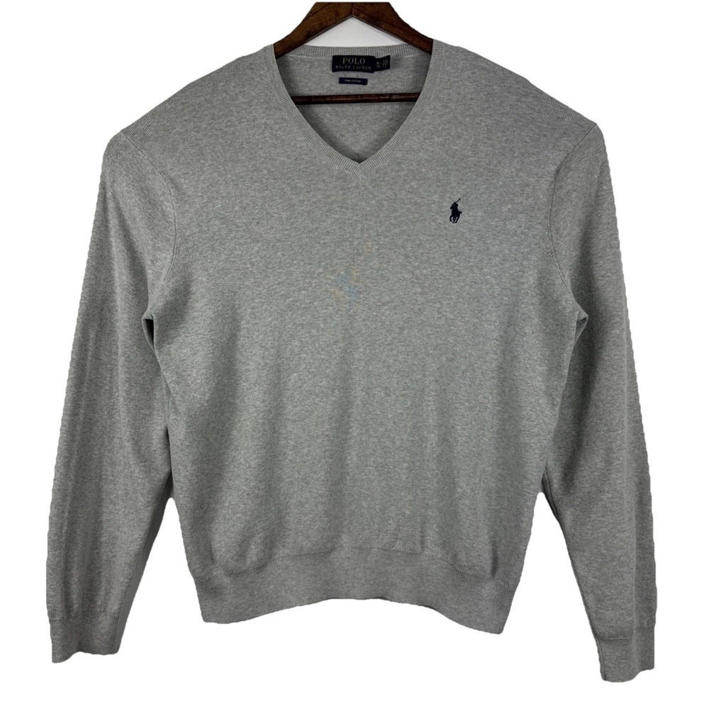 Polo Ralph Lauren‎ Pullover Sweater Men's XL Gray V-Neck Pima Cotton Long Sleeve